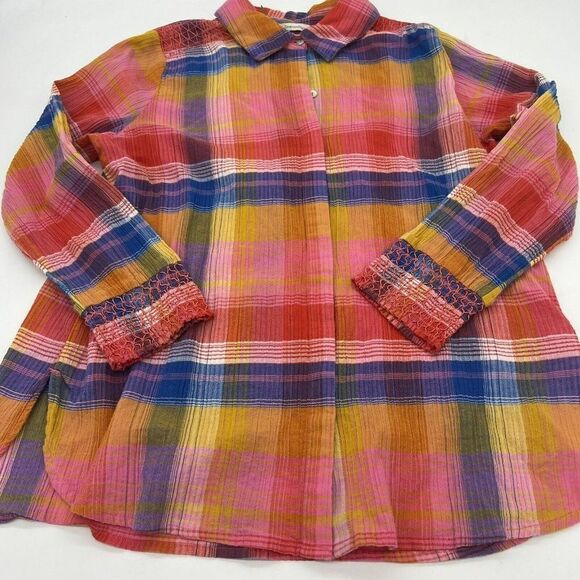Soft Surroundings Womens Top PM Pink Gauze Plaid Sansonne Embroidered - Picture 1 of 5